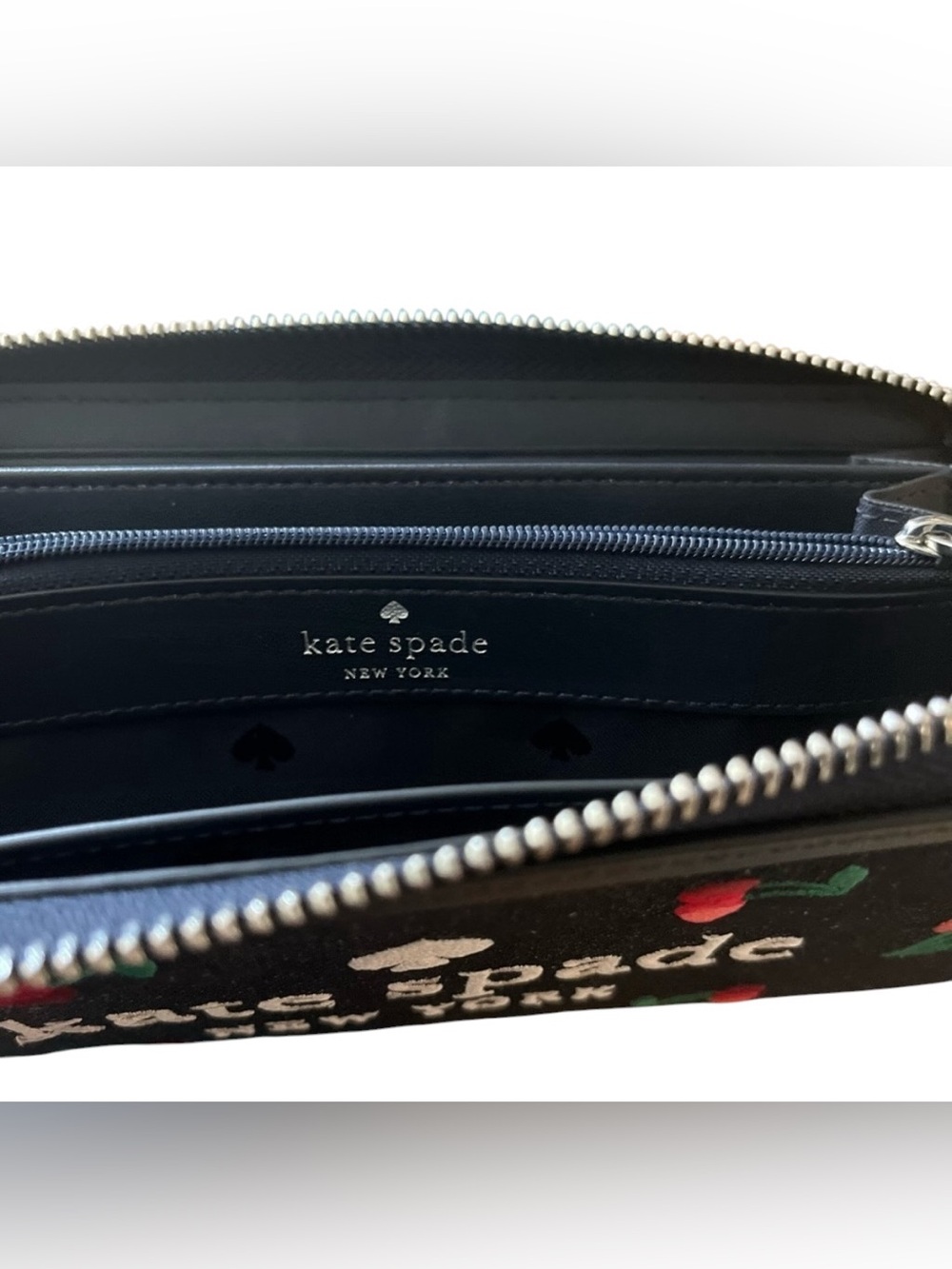 Kate Spade Ella Large Cherry Continental Wallet Embroidered Denim Blue $259 NWT - Picture 3 of 6